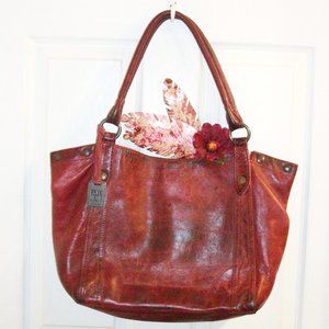 FRYE XL Dark Red Distressed Leather Melissa Tote Bag Double Handles 11"H x 18"L